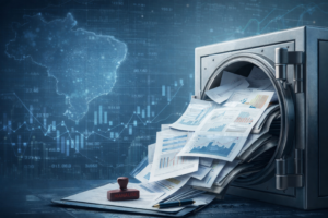 Imagem conceitual de cofre bancário aberto com documentos financeiros e gráficos, em composição ilustrativa gerada por inteligência artificial.