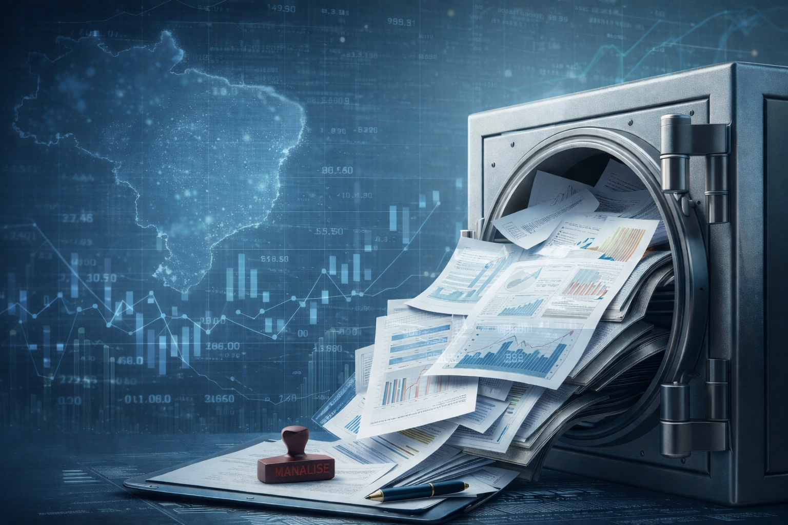 Imagem conceitual de cofre bancário aberto com documentos financeiros e gráficos, em composição ilustrativa gerada por inteligência artificial.