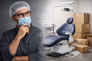 Dentista de jaleco e máscara observa cadeira odontológica recém-instalada em consultório em montagem, em cena ilustrativa sobre decisões de compra de equipamentos.