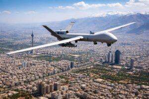 Drone militar dos Estados Unidos sobrevoando Teerã em imagem ilustrativa gerada por inteligência artificial.