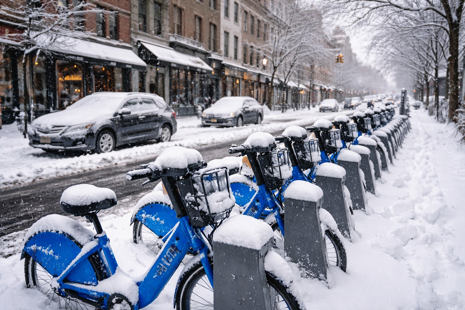 Estação de bicicletas em Nova York coberta por neve após tempestade de inverno, em cenário urbano com rua e prédios ao fundo.