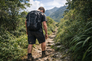 Imagem ilustrativa gerada por inteligência artificial mostra um jovem caminhando por trilha no Pico Paraná, em cenário que simboliza o caso do desaparecimento registrado na região.