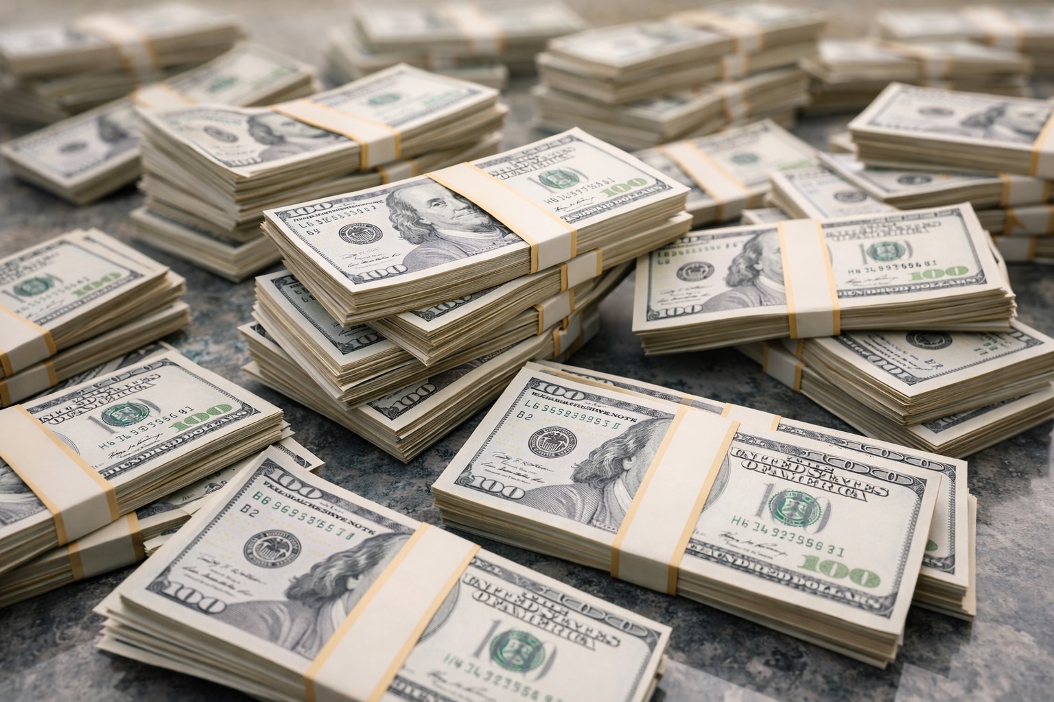 Pilhas irregulares de notas de dólar em primeiro plano, com profundidade de campo e fundo desfocado em imagem ilustrativa sobre economia.
