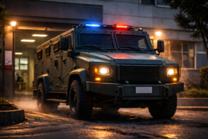 Veículo blindado de operações policiais de alta magnitude saindo de uma delegacia do Rio de Janeiro ao amanhecer, em imagem ilustrativa gerada por inteligência artificial.