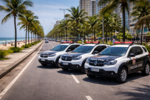 Viaturas da Polícia Civil em orla de praia no litoral paulista em imagem ilustrativa gerada por inteligência artificial para representar operação policial.