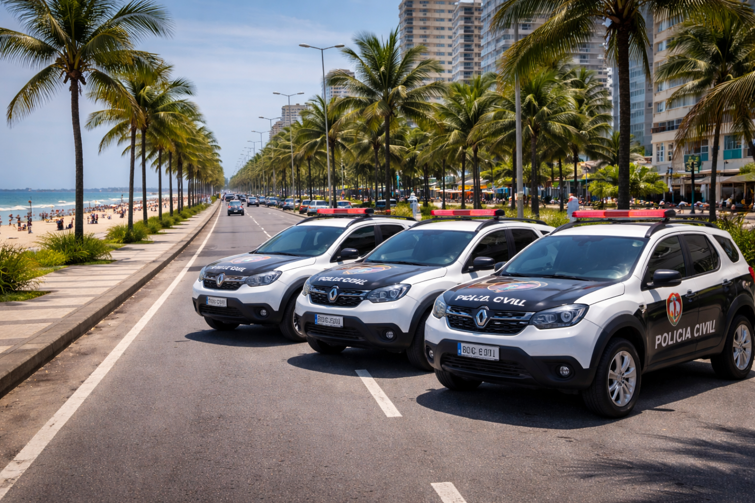 Viaturas da Polícia Civil em orla de praia no litoral paulista em imagem ilustrativa gerada por inteligência artificial para representar operação policial.