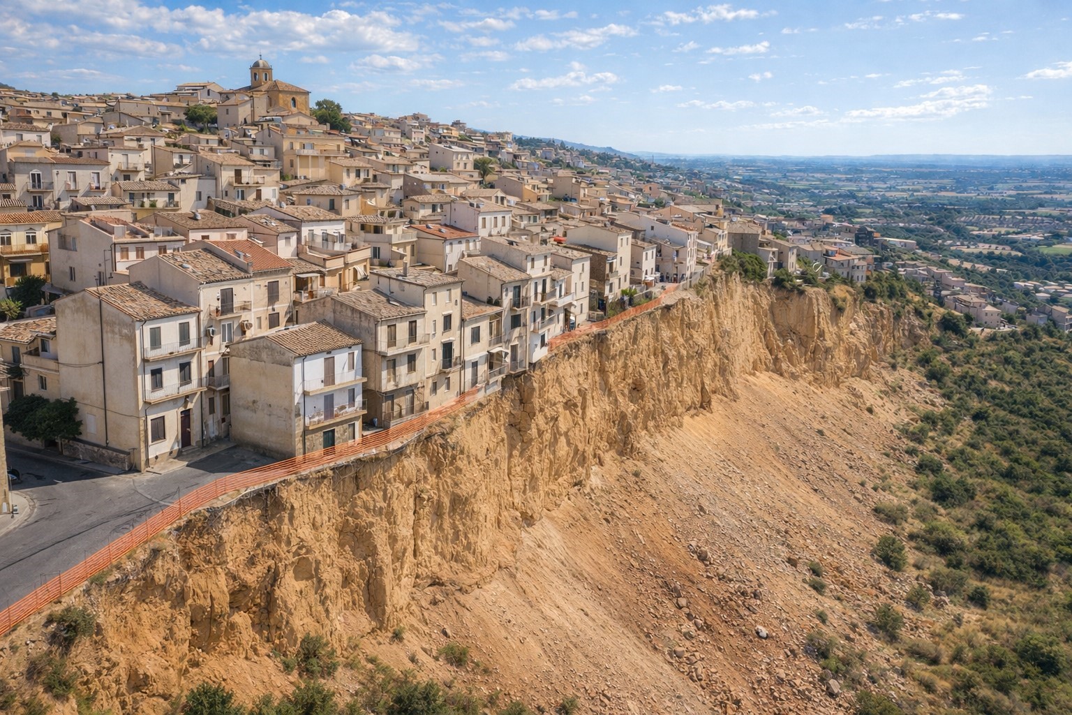Vista aérea da cidade de Niscemi, na Sicília, mostrando área urbana próxima a encosta afetada por deslizamento de terra após fortes tempestades.