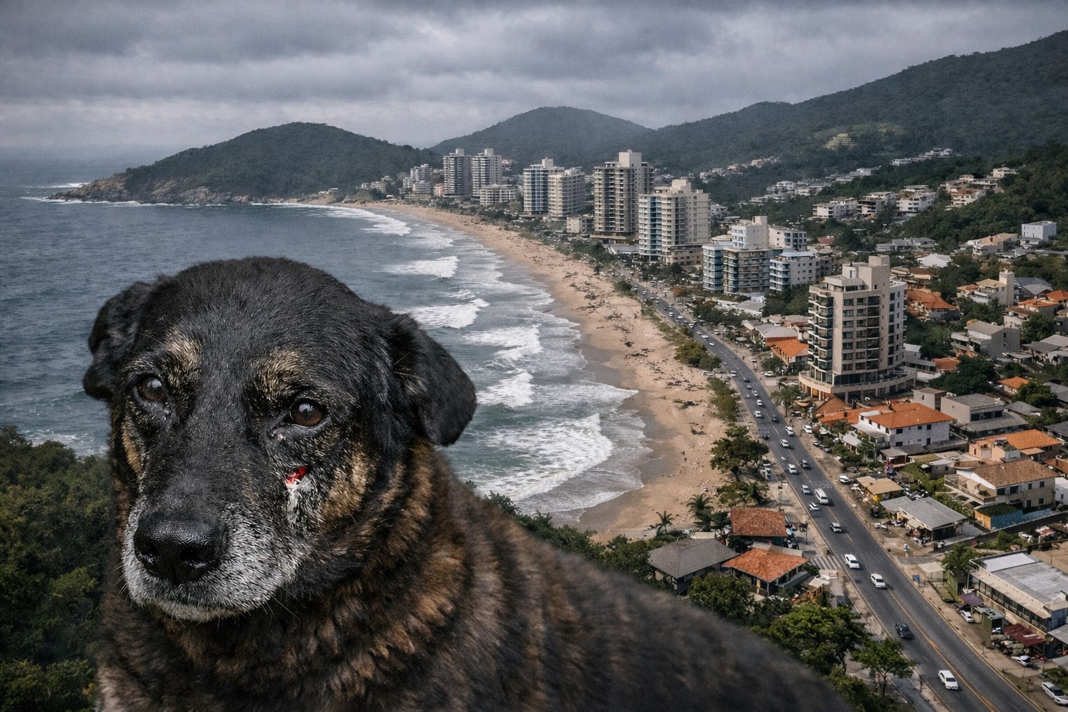 Imagem ilustrativa gerada por inteligência artificial mostra o cão Orelha em primeiro plano com vista da Praia Brava, em Santa Catarina, ao fundo.