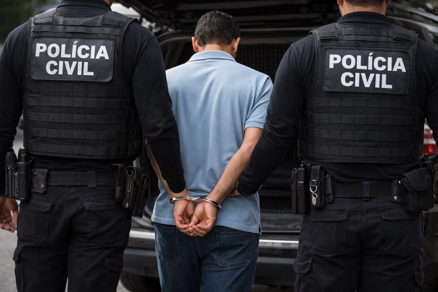 Imagem ilustrativa gerada por inteligência artificial mostra agentes da Polícia Civil conduzindo um homem algemado até uma viatura.