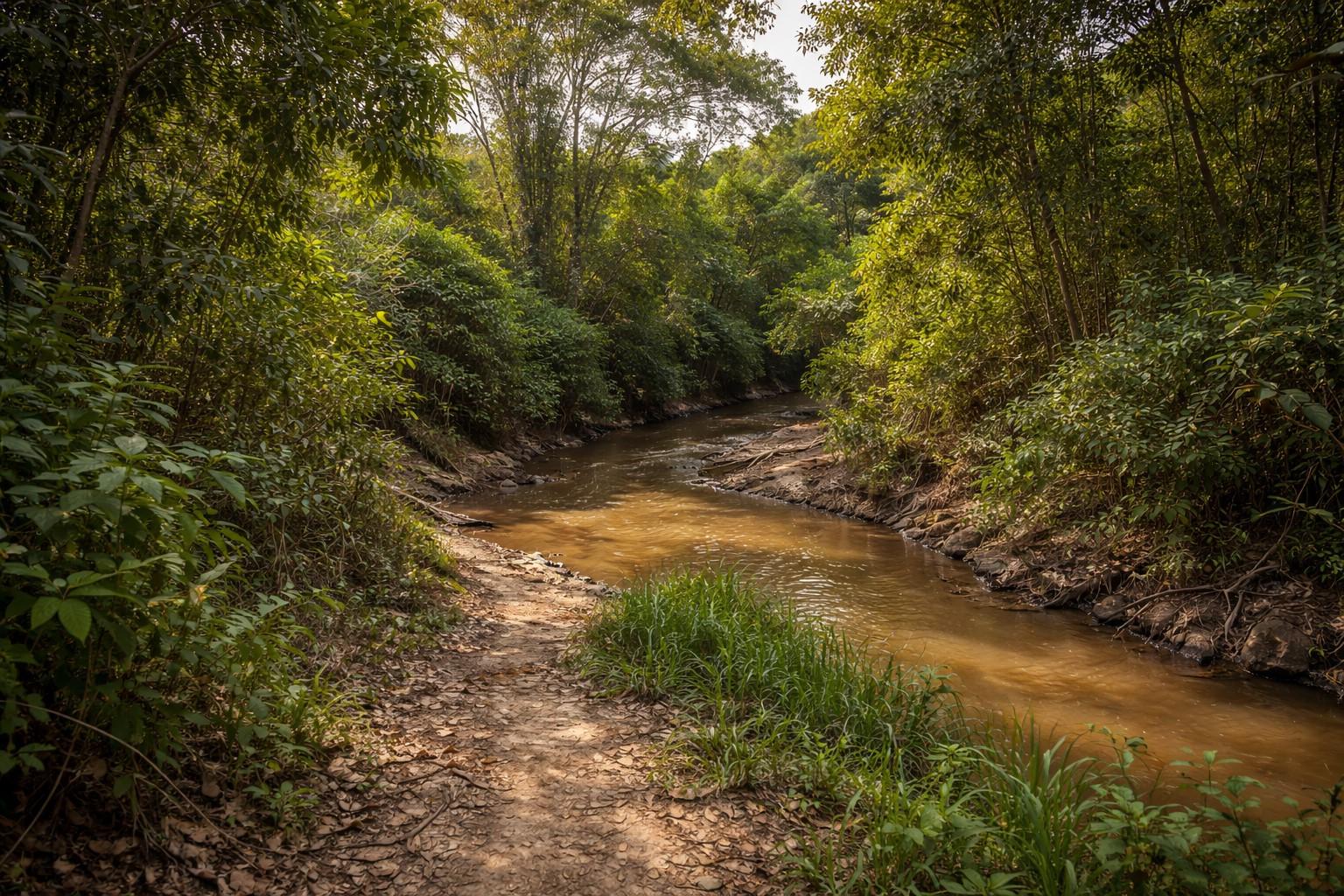 Área rural com vegetação densa e riacho de água amarronzada em região de mata no interior do Maranhão.