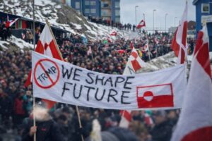 Manifestação na Groenlândia reúne moradores em clima frio, com bandeiras e faixa de protesto, em imagem baseada em registro real e ajustada por inteligência artificial para uso editorial.