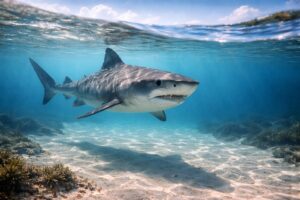 Tubarão-tigre submerso em águas rasas do litoral, em imagem ilustrativa de ambiente marinho.