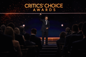 Imagem ilustrativa gerada por inteligência artificial mostra um ator em cerimônia de premiação cinematográfica, representando o Critics’ Choice Awards.