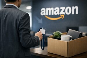 Profissional segura crachá em ambiente corporativo, com logomarca da Amazon ao fundo e caixa com objetos pessoais sobre a mesa.