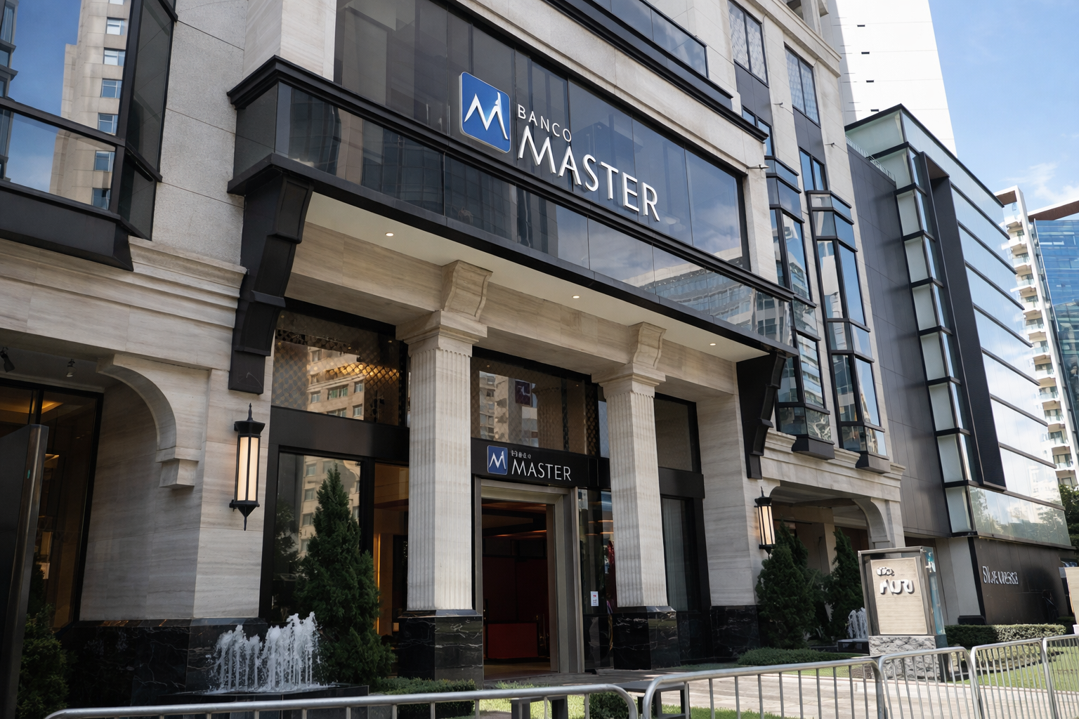 Fachada do Banco Master em São Paulo, com colunas quadradas, vidro espelhado e entrada principal, em imagem ilustrativa gerada por inteligência artificial.