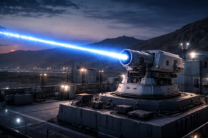 Arma de energia dirigida em base militar futurista dispara feixe azul em imagem ilustrativa ultrarrealista gerada por inteligência artificial.