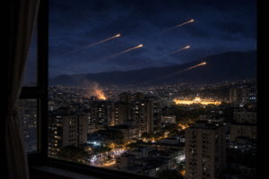 Imagem ilustrativa gerada por inteligência artificial mostra vista noturna de Caracas a partir de uma janela, com prédios iluminados e rastros luminosos no céu, em referência a relatos de episódio turbulento.