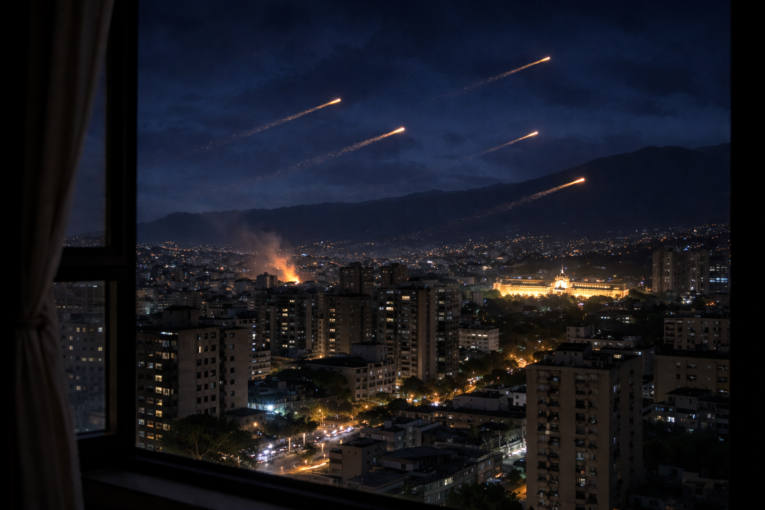 Imagem ilustrativa gerada por inteligência artificial mostra vista noturna de Caracas a partir de uma janela, com prédios iluminados e rastros luminosos no céu, em referência a relatos de episódio turbulento.