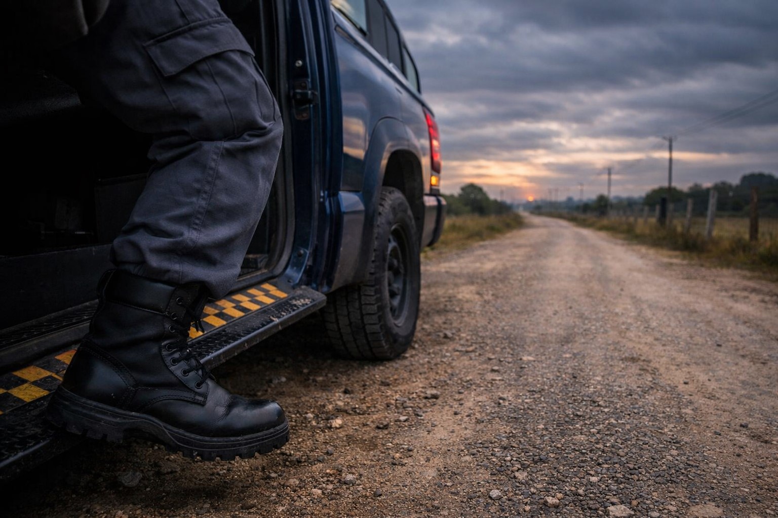 Close da perna de um policial descendo de uma viatura em estrada rural durante o amanhecer, em cenário de investigação policial no México.