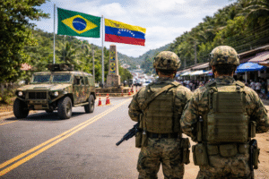 Imagem ilustrativa gerada por inteligência artificial mostra militares do Exército brasileiro realizando fiscalização em uma via de fronteira entre Brasil e Venezuela, com veículo blindado e bandeiras dos dois países ao fundo.