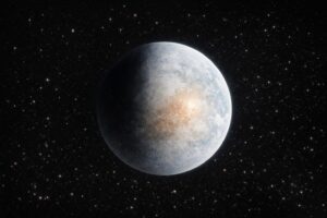 Ilustração de planeta semelhante à Terra visto no espaço, parcialmente iluminado por uma estrela.