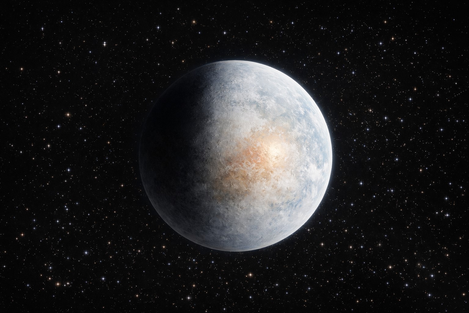 Ilustração de planeta semelhante à Terra visto no espaço, parcialmente iluminado por uma estrela.