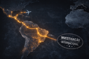 Ilustração gerada por IA mostra rotas internacionais sobre a América do Sul e o Caribe, representando de forma simbólica investigações ligadas ao Cartel de Los Soles.