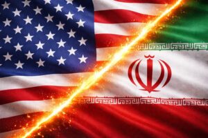 Bandeiras dos Estados Unidos e do Irã divididas por uma linha incandescente, simbolizando tensão diplomática entre os países.