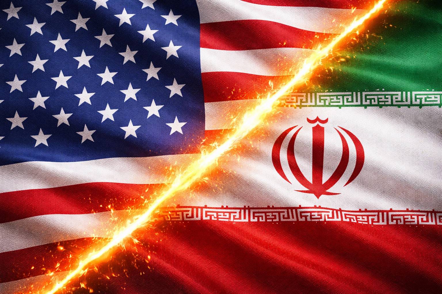 Bandeiras dos Estados Unidos e do Irã divididas por uma linha incandescente, simbolizando tensão diplomática entre os países.