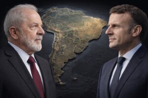 Imagem ilustrativa mostra os presidentes Lula e Emmanuel Macron diante de um mapa da América do Sul em composição simbólica.