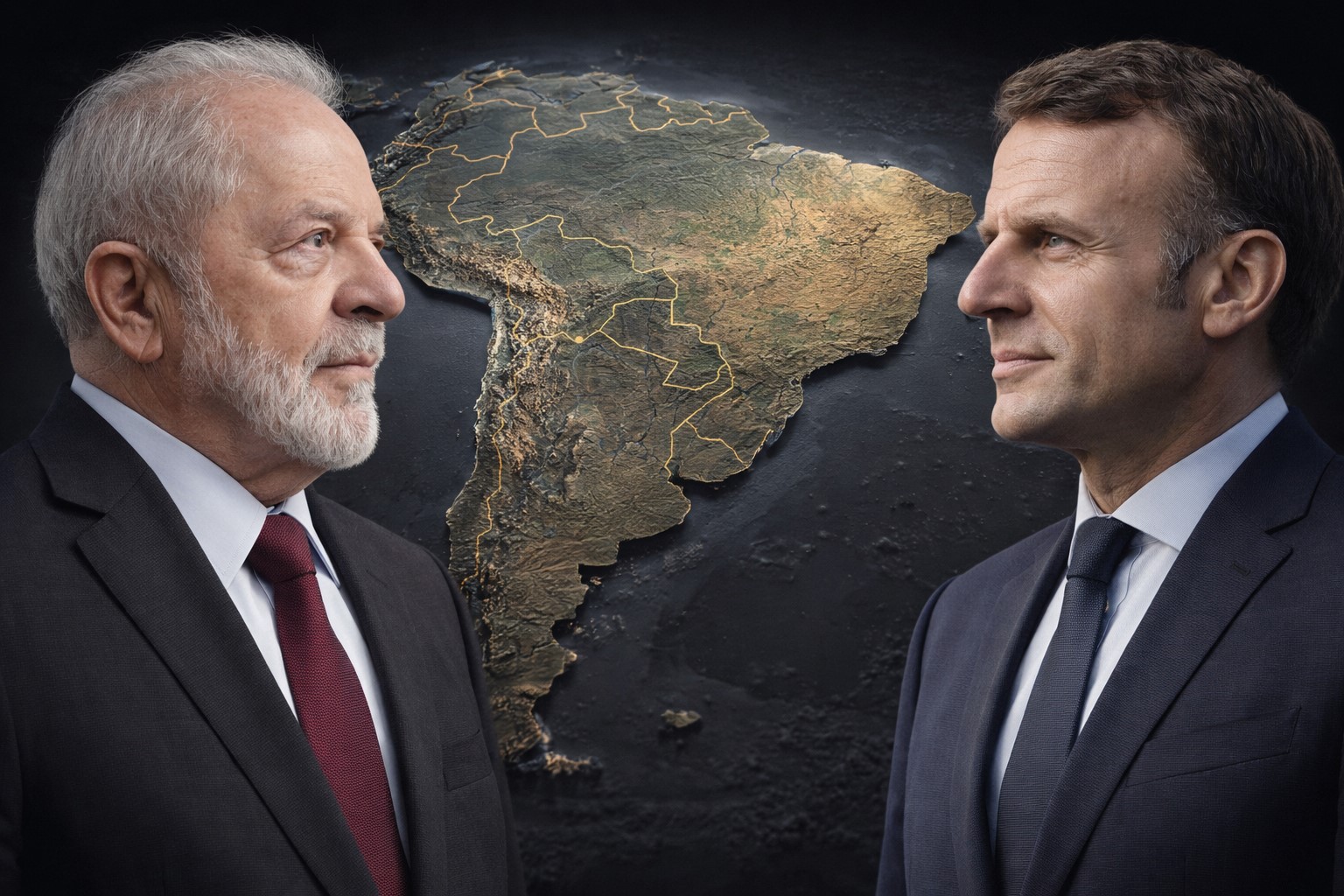 Imagem ilustrativa mostra os presidentes Lula e Emmanuel Macron diante de um mapa da América do Sul em composição simbólica.