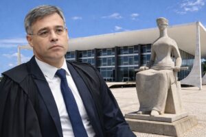 Imagem ilustrativa gerada por inteligência artificial do ministro do STF André Mendonça em frente à fachada do Supremo Tribunal Federal.