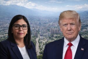 Vista aérea de Caracas com Delcy Rodríguez à esquerda e Donald Trump à direita, em imagem ilustrativa gerada por inteligência artificial.