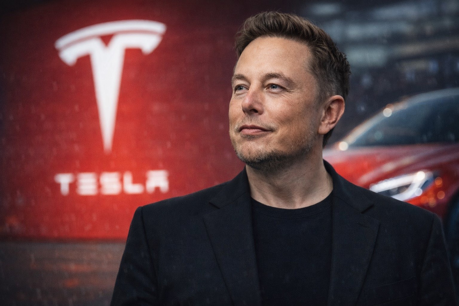 Imagem editorial de Elon Musk em destaque, com fundo tecnológico e elementos visuais associados à Tesla, ilustrando a valorização de sua fortuna e o desempenho da empresa.