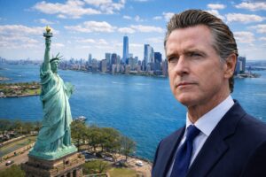 Governador da Califórnia, Gavin Newsom, em destaque diante da Estátua da Liberdade e do skyline de Nova Iorque, em cena diurna.