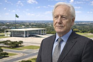 Imagem ilustrativa mostra o ministro Ricardo Lewandowski diante do Palácio do Planalto, em Brasília, em contexto institucional.