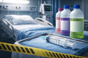 Imagem ilustrativa mostra leito de UTI com seringa e frascos de produtos químicos, em composição de caráter investigativo.