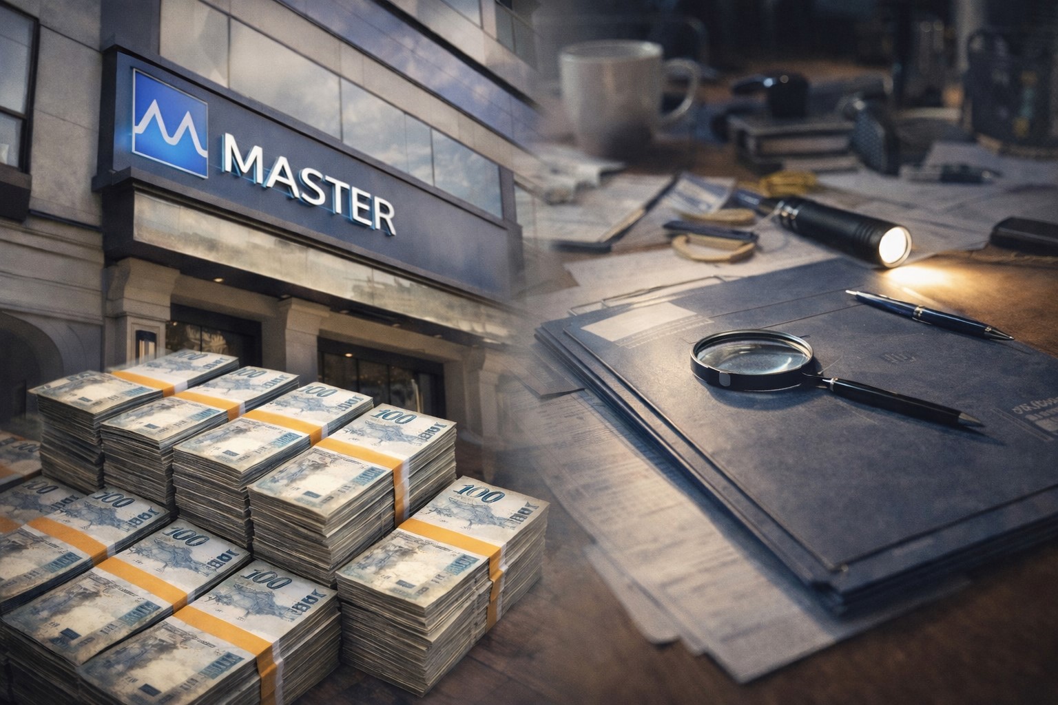 Composição editorial com fachada do Banco Master, pilhas de dinheiro em reais e mesa com documentos financeiros, simbolizando apuração e análise de movimentações bancárias.