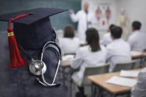 Chapéu de formatura acadêmica com estetoscópio sobreposto a sala de aula de Medicina, em imagem ilustrativa gerada por inteligência artificial.