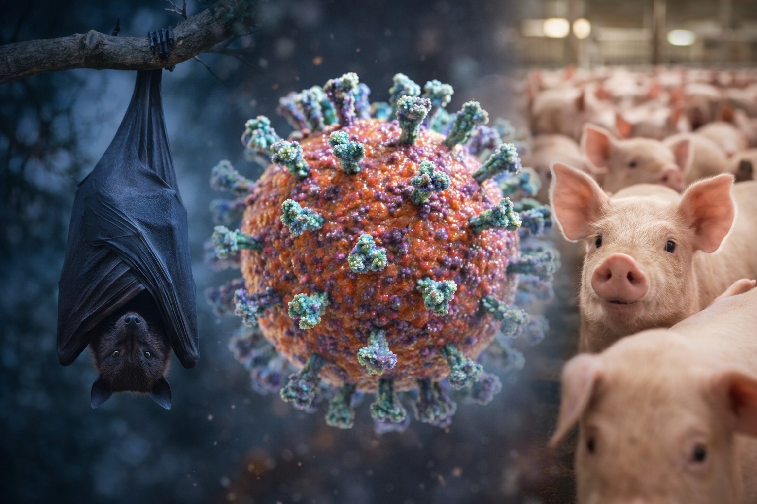 Montagem mostra morcego, porcos e representação microscópica do vírus Nipah em composição ilustrativa.