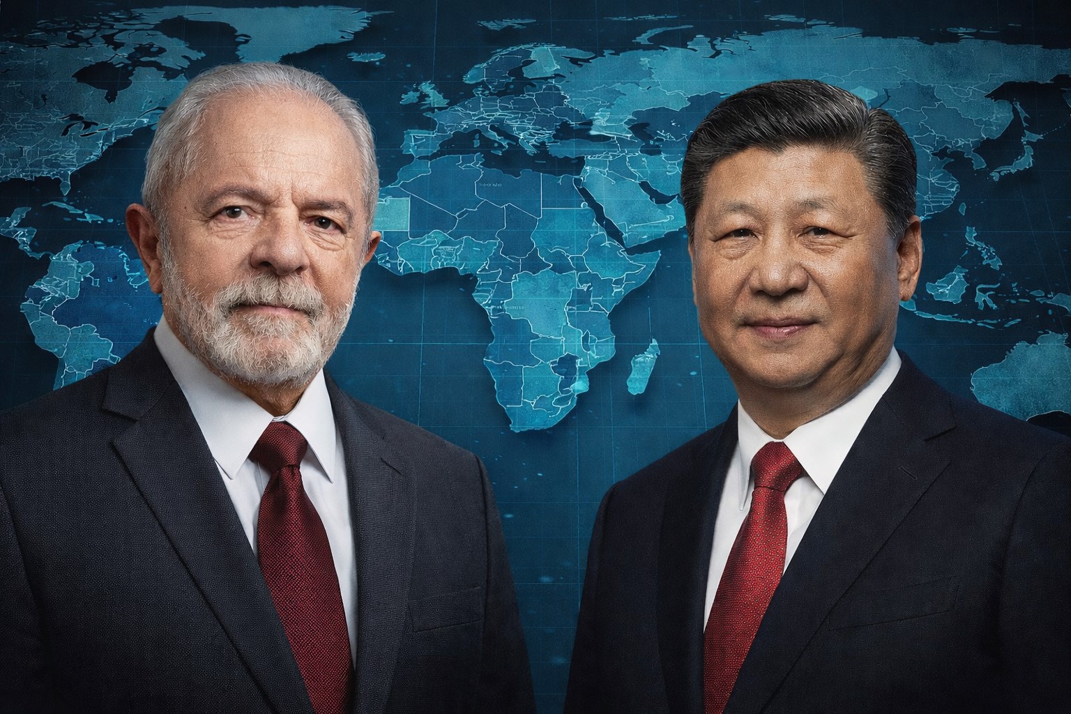 Montagem editorial com Luiz Inácio Lula da Silva e Xi Jinping em primeiro plano, diante de mapa político estilizado do hemisfério sul em tons escuros.