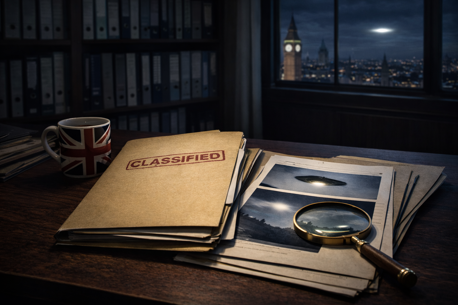 Imagem ilustrativa gerada por inteligência artificial mostra pastas carimbadas como “CLASSIFIED” sobre uma mesa, com documentos e lupa analisando suposto registro de OVNI, em referência a investigações sobre tecnologia extraterrestre atribuídas ao Reino Unido.