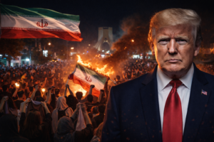 Montagem fotográfica ultrarrealista gerada por inteligência artificial mostra protestos noturnos no Irã com a bandeira iraniana e o busto de Donald Trump em composição ilustrativa.