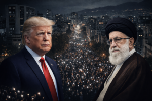 Montagem ilustrativa gerada por IA mostra protesto noturno em Teerã com luzes de celulares ao fundo e retratos sobrepostos de Donald Trump e do aiatolá Ali Khamenei.