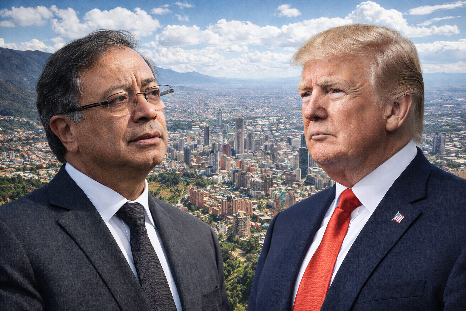 Imagem ilustrativa gerada por inteligência artificial mostra Gustavo Petro e Donald Trump sobre panorama da cidade de Bogotá, na Colômbia.