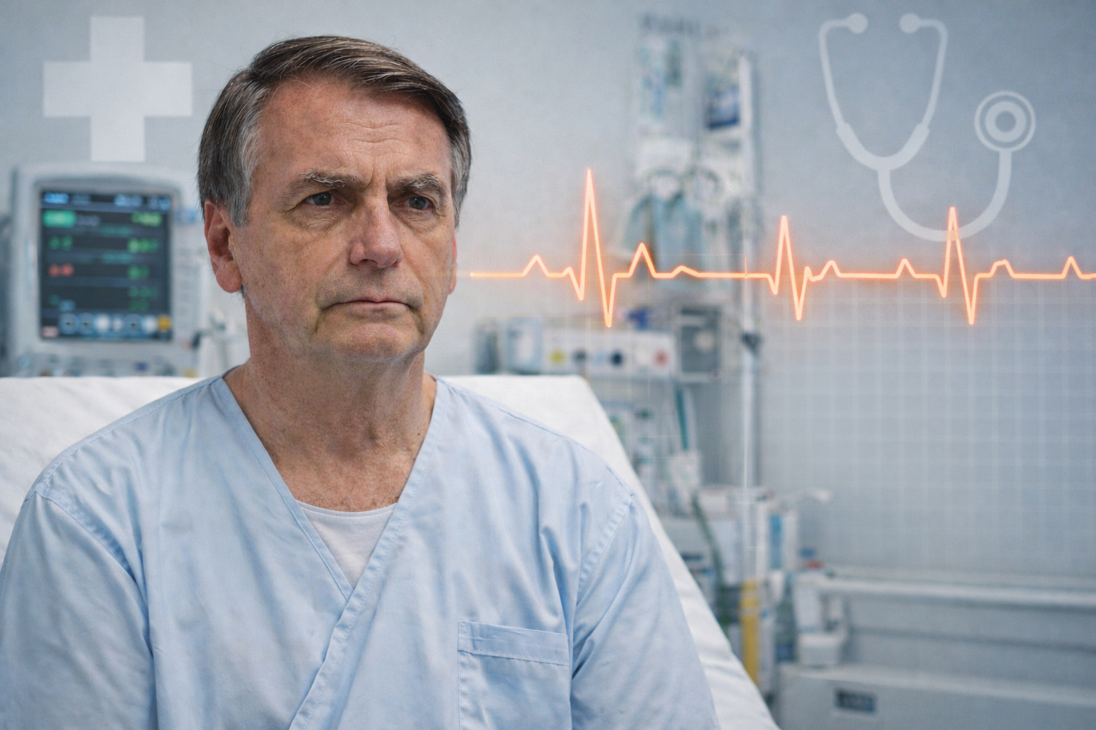 Jair Bolsonaro em ambiente hospitalar, com equipamentos médicos ao fundo, em imagem ilustrativa gerada por inteligência artificial.