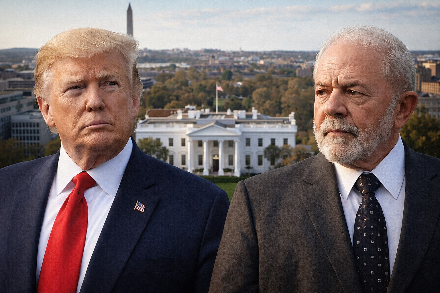 Imagem editorial com os bustos de Donald Trump e Luiz Inácio Lula da Silva em primeiro plano, tendo a Casa Branca e a cidade de Washington ao fundo.