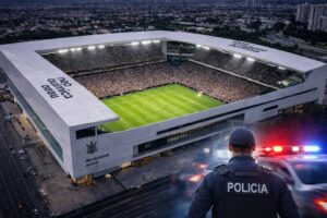 Montagem ilustrativa mostra vista aérea da Neo Química Arena com elemento policial sobreposto, simbolizando investigação em andamento.