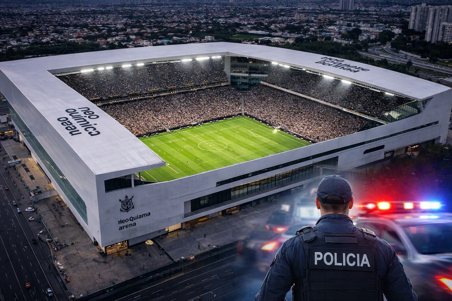 Montagem ilustrativa mostra vista aérea da Neo Química Arena com elemento policial sobreposto, simbolizando investigação em andamento.