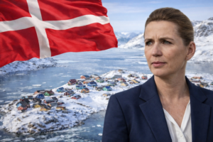Imagem ilustrativa da primeira-ministra da Dinamarca, Mette Frederiksen, com a Groenlândia ao fundo e bandeira dinamarquesa em composição editorial gerada por inteligência artificial.